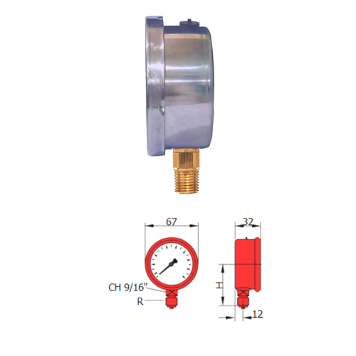 Man�metro Vertical Visor 63 mm Caixa A�o Inox Conex�o Lat�o 1/4" NPT MV63