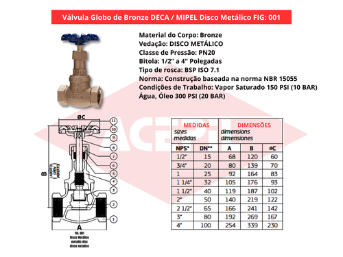 V�lvula Globo Bronze Deca/Mipel FIG 001 Disco Met�lico 1/2