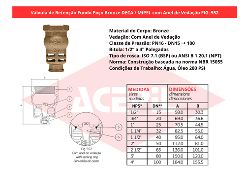 V�lvula de Reten��o Fundo de Po�o Bronze Deca/Mipel FIG 552 Anel de Veda��o 1/2" a 4" BSP/NPT PN16 - Original