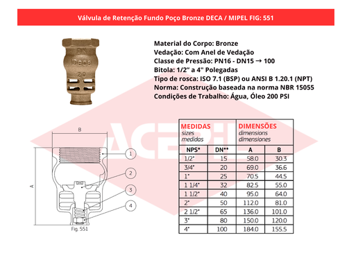 V�lvula de Reten��o Fundo de Po�o Bronze Deca/Mipel FIG 551 Anel de Veda��o 1/2