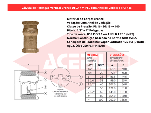 V�lvula de Reten��o Vertical Bronze Deca/Mipel FIG 448 Anel de Veda��o 1/2" a 4" BSP/NPT PN16 - Original