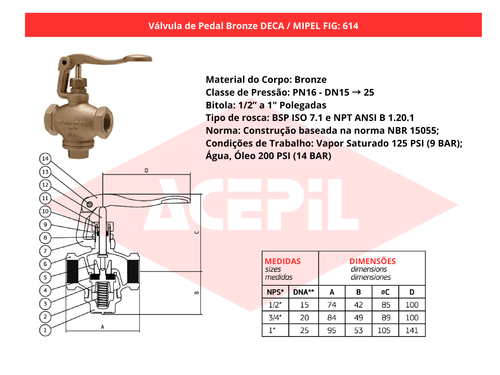 V�lvula de Pedal Bronze Deca/Mipel FIG 614 1/2