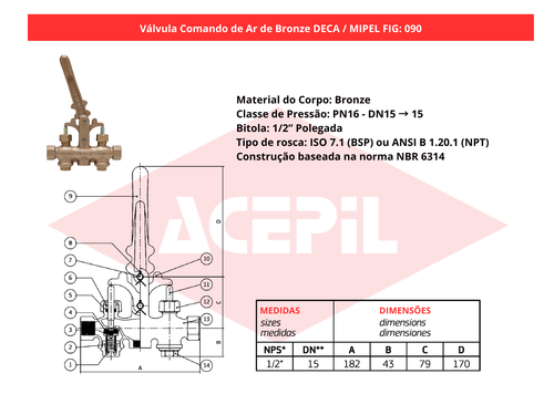 V�lvula Comando de Ar Bronze Deca/Mipel FIG 090 1/2" BSP/NPT PN16 - Original
