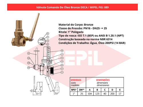 V�lvula Comando de �leo Bronze Deca/Mipel FIG 089 1
