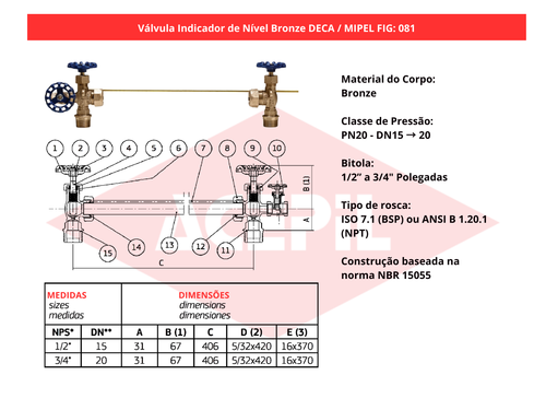 V�lvula Indicador de N�vel Bronze Deca/Mipel FIG 081 1/2