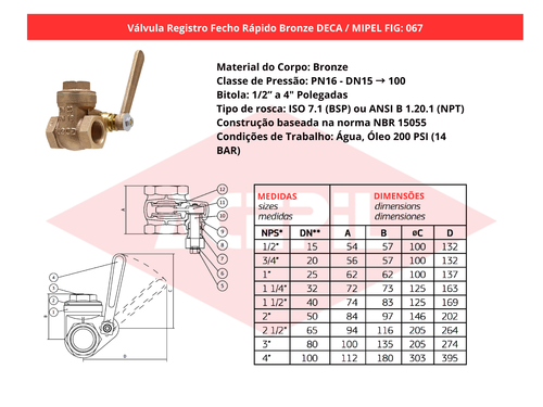 V�lvula Registro Fecho R�pido Bronze Deca/Mipel FIG 067 1/2