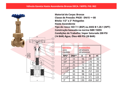 V�lvula Gaveta Haste Ascendente Bronze Deca/Mipel FIG 062 1/2