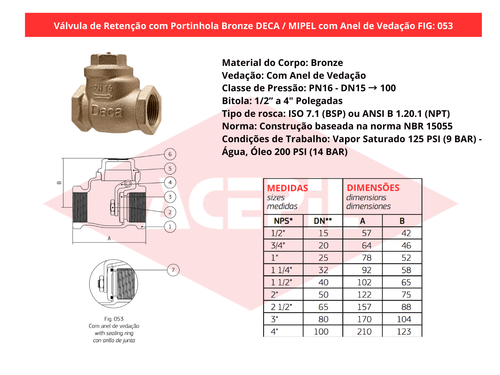 V�lvula de Reten��o com Portinhola Bronze Deca/Mipel FIG 053 Anel de Veda��o 1/2" a 4" BSP/NPT PN16 - Original