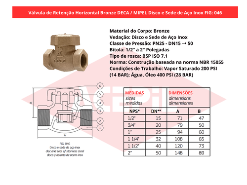 V�lvula de Reten��o Horizontal Bronze Deca/Mipel FIG 046 Disco e Sede Inox 1/2