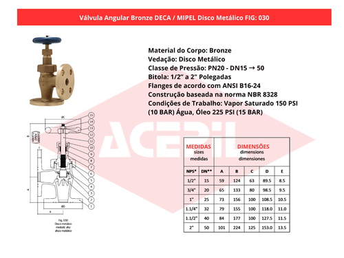 V�lvula Angular Bronze Deca/Mipel FIG 030 Disco Met�lico 1/2" a 2" Flangeada ANSI B16.24 PN20 - Original