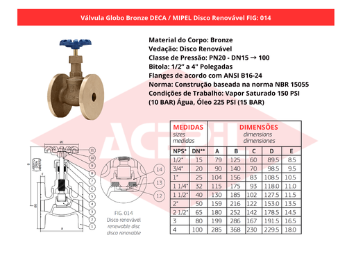 V�lvula Globo Flangeada Bronze Deca/Mipel FIG 014 Disco Renov�vel 1/2