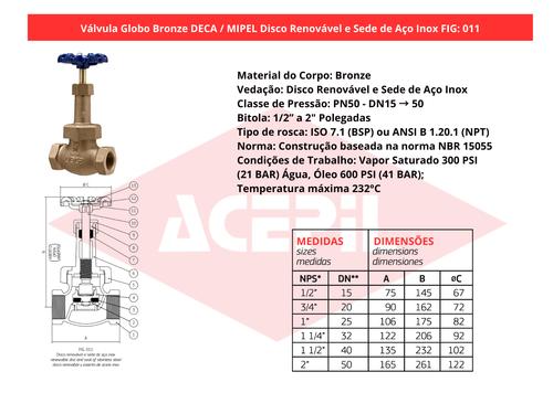 V�lvula Globo Bronze Deca/Mipel FIG 011 Disco Renov�vel e Sede Inox 1/2" a 2" BSP/NPT PN50 - Original