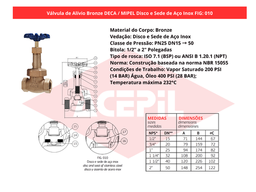 V�lvula de Al�vio Bronze Deca/Mipel FIG 010 Disco e Sede Inox 1/2