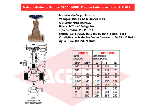 V�lvula Globo Bronze Deca/Mipel FIG 005 Disco e Sede Inox 1/2