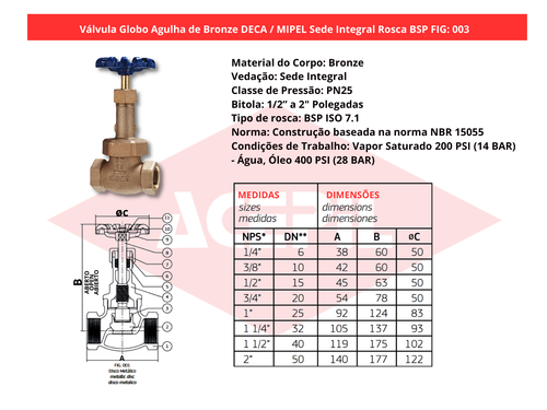 V�lvula Globo Agulha Bronze Deca/Mipel FIG 003 Disco Renov�vel 1/4