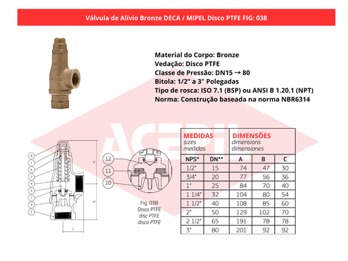 V�lvula de Al�vio Bronze Deca/Mipel FIG 038 Disco PTFE 1/2