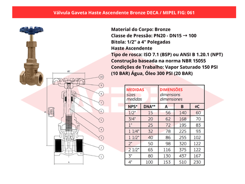 V�lvula Gaveta Haste Ascendente Bronze Deca/Mipel FIG 061 1/2