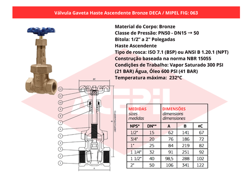 V�lvula Gaveta Haste Ascendente Bronze Deca/Mipel FIG 063 1/2