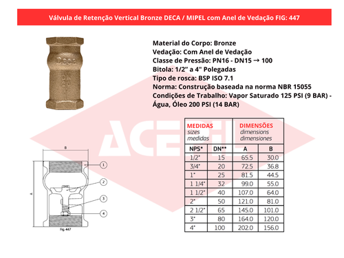 V�lvula de Reten��o Vertical Bronze Deca/Mipel FIG 447 Anel de Veda��o 1/2