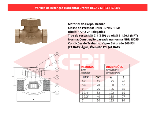 V�lvula de Reten��o Horizontal Bronze Deca/Mipel FIG 460 1/2" a 2" BSP/NPT PN50 - Original