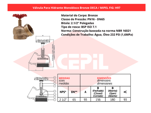 V�lvula para Hidrante Monobloco Bronze Deca/Mipel FIG H97 2.1/2