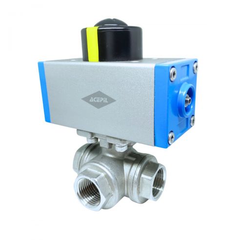 Kit V�lvula Esfera 3 Vias L 1/2 Polegada Total Inox 316 Rosca BSP com Atuador Pneum�tico Dupla A��o AT-32D