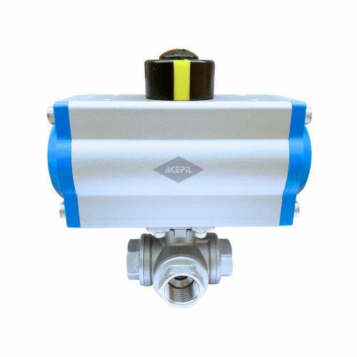 Kit V�lvula Esfera 3 Vias L 3/4 Polegadas Total Inox 316 Rosca BSP com Atuador Pneum�tico Dupla A��o AT-52D