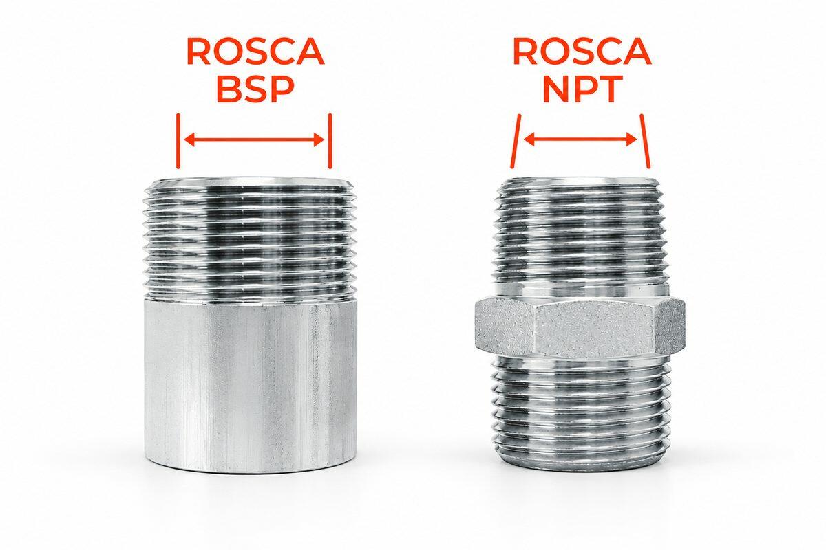 Rosca BSP paralela e rosca NPT cônica lado a lado em conexões de aço inox