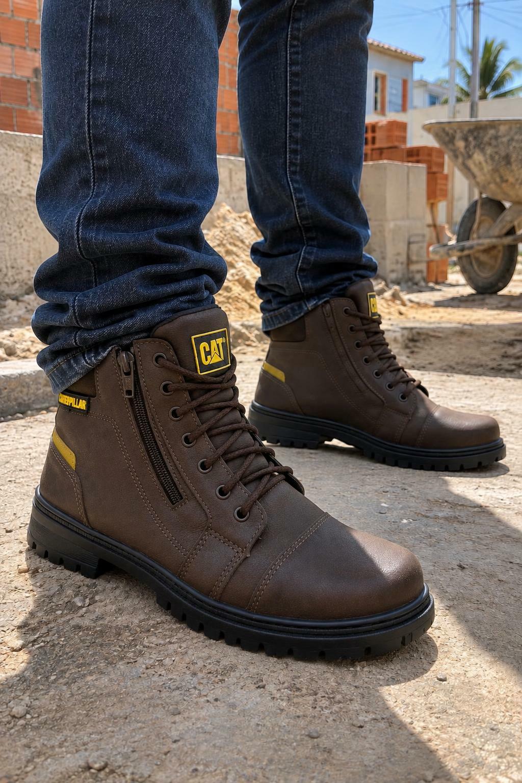 Bota cano C A T em couro sintético zíper - Café