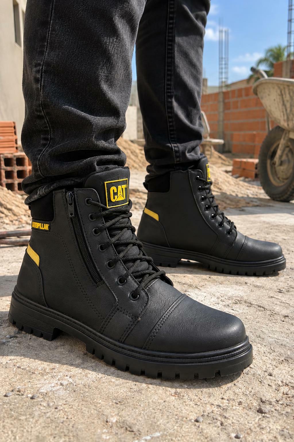 Bota cano C A T em couro sintético zíper - Preta