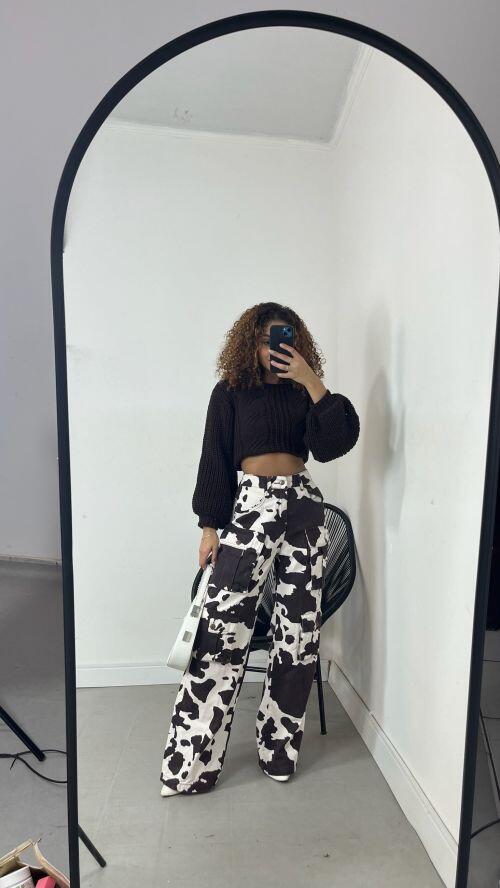 WIDELEG JEANS ANIMAL PRINT - MARROM