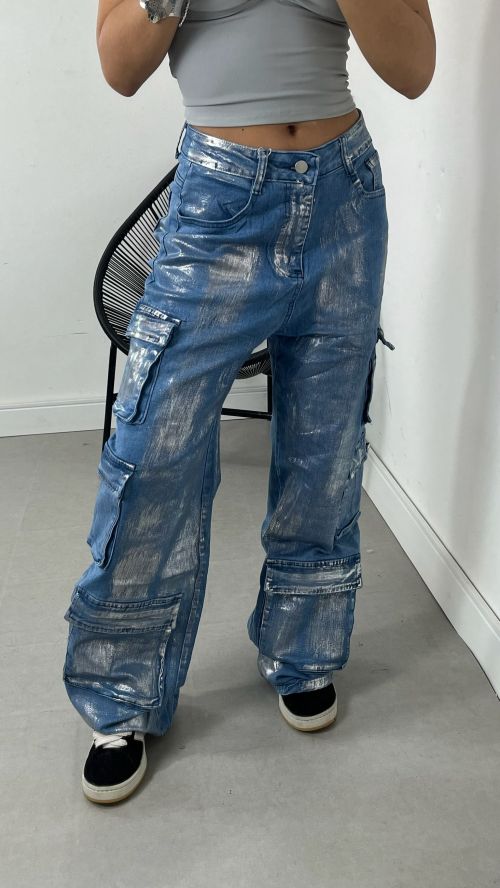 WIDELEG CARGO JEANS METALIZADA