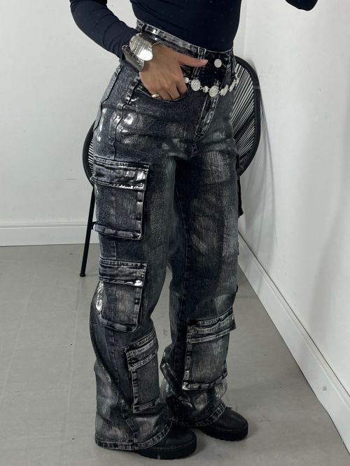WIDELEG CARGO JEANS METALIZADA