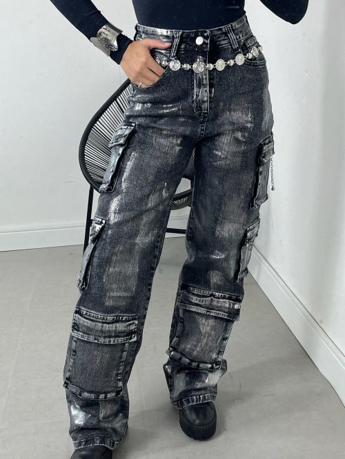 WIDELEG CARGO JEANS METALIZADA