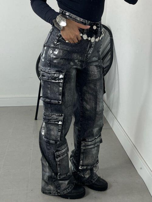 WIDELEG CARGO JEANS METALIZADA
