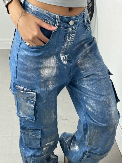 WIDELEG CARGO JEANS METALIZADA