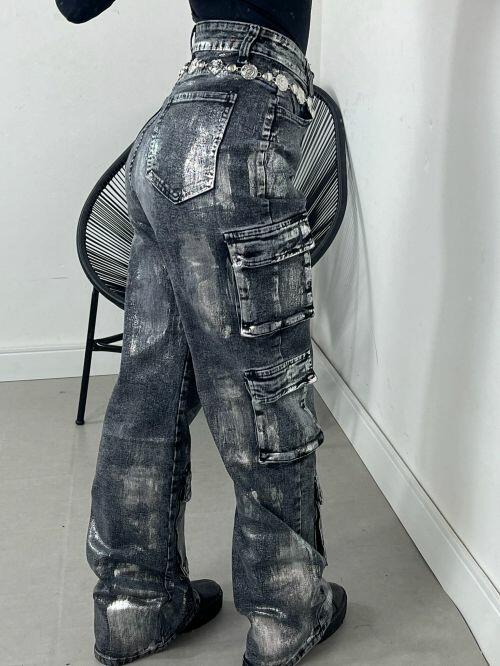 WIDELEG CARGO JEANS METALIZADA