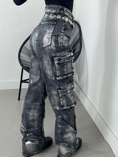 WIDELEG CARGO JEANS METALIZADA
