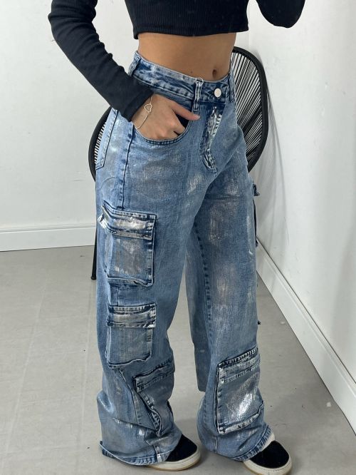 WIDELEG CARGO JEANS METALIZADA