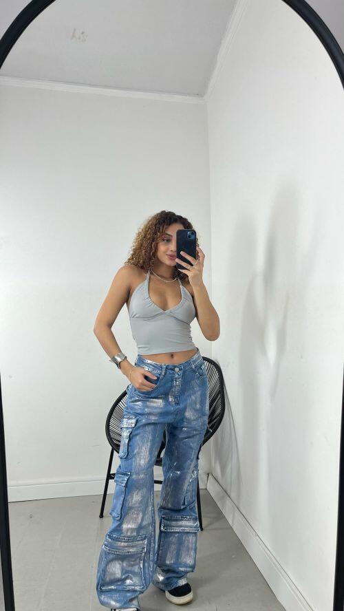 WIDELEG CARGO JEANS METALIZADA
