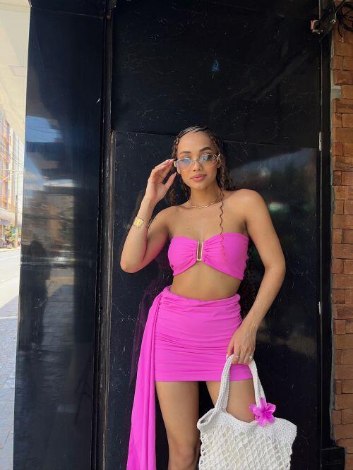 CONJUNTO TOP FIVELA E SAIA DRAPEADA POLIAMIDA