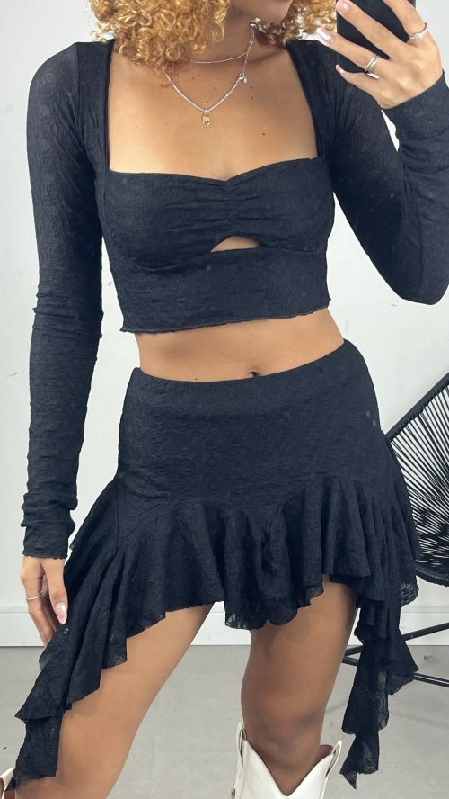 CONJUNTO JASMIM RENDA CROPPED E SAIA