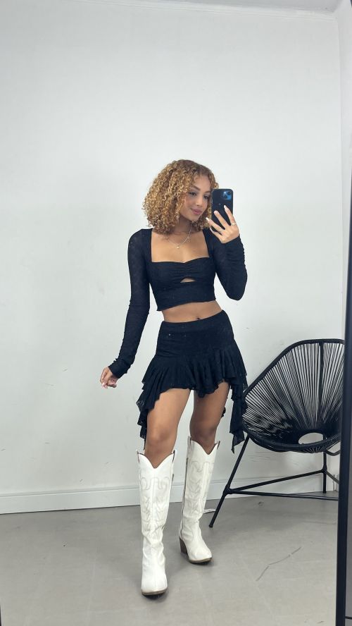 CONJUNTO JASMIM RENDA CROPPED E SAIA