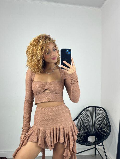 CONJUNTO JASMIM RENDA CROPPED E SAIA