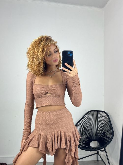 CONJUNTO JASMIM RENDA CROPPED E SAIA