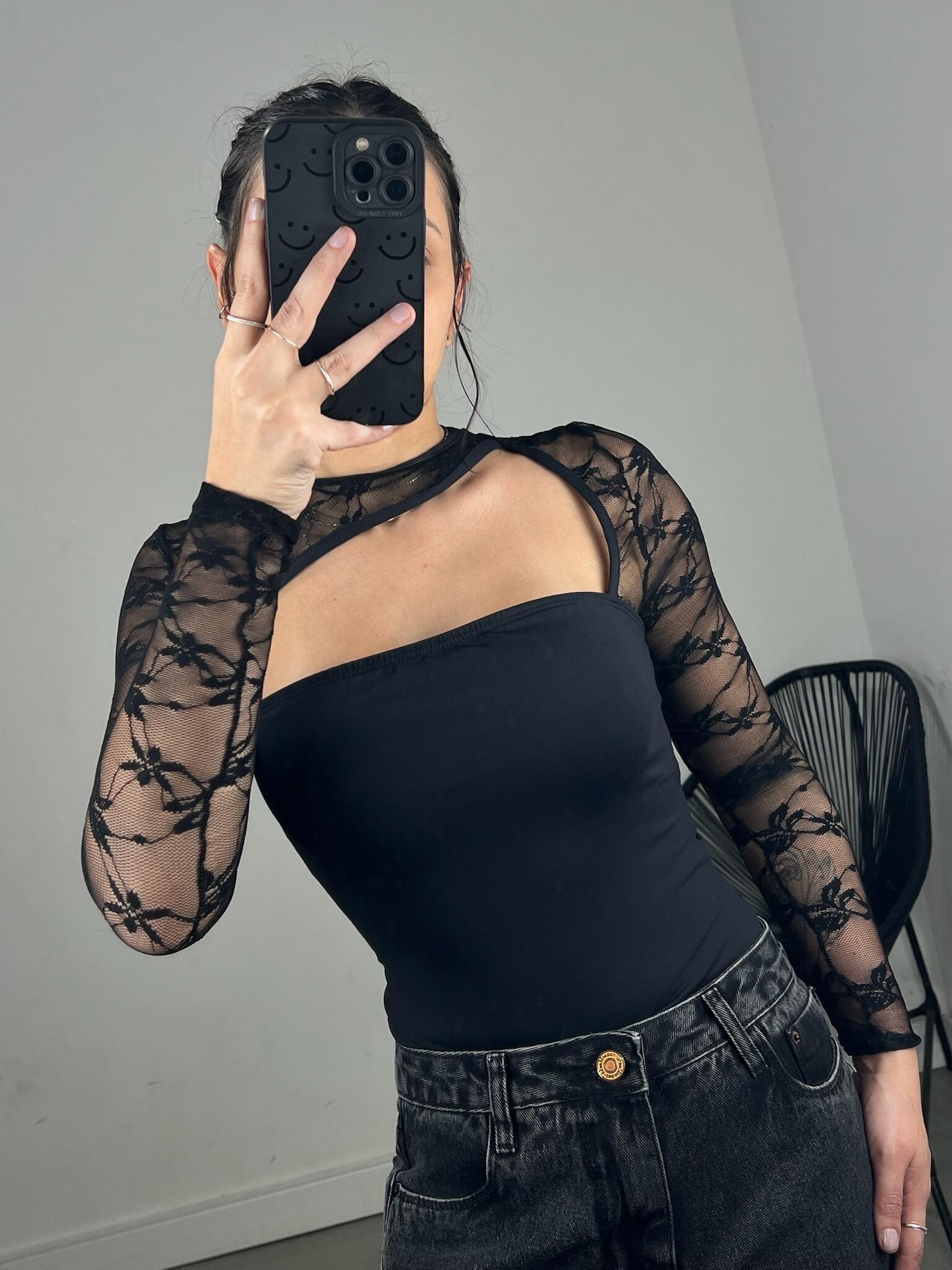 BODY RENDA MANGA LONGA ASSIMETRICO