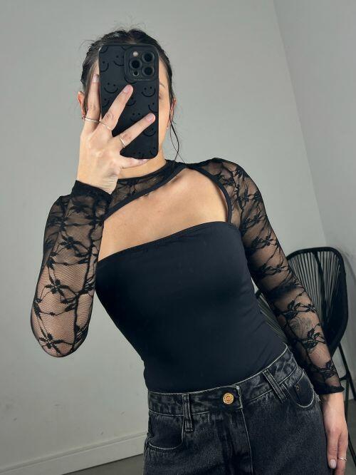 BODY RENDA MANGA LONGA ASSIMETRICO