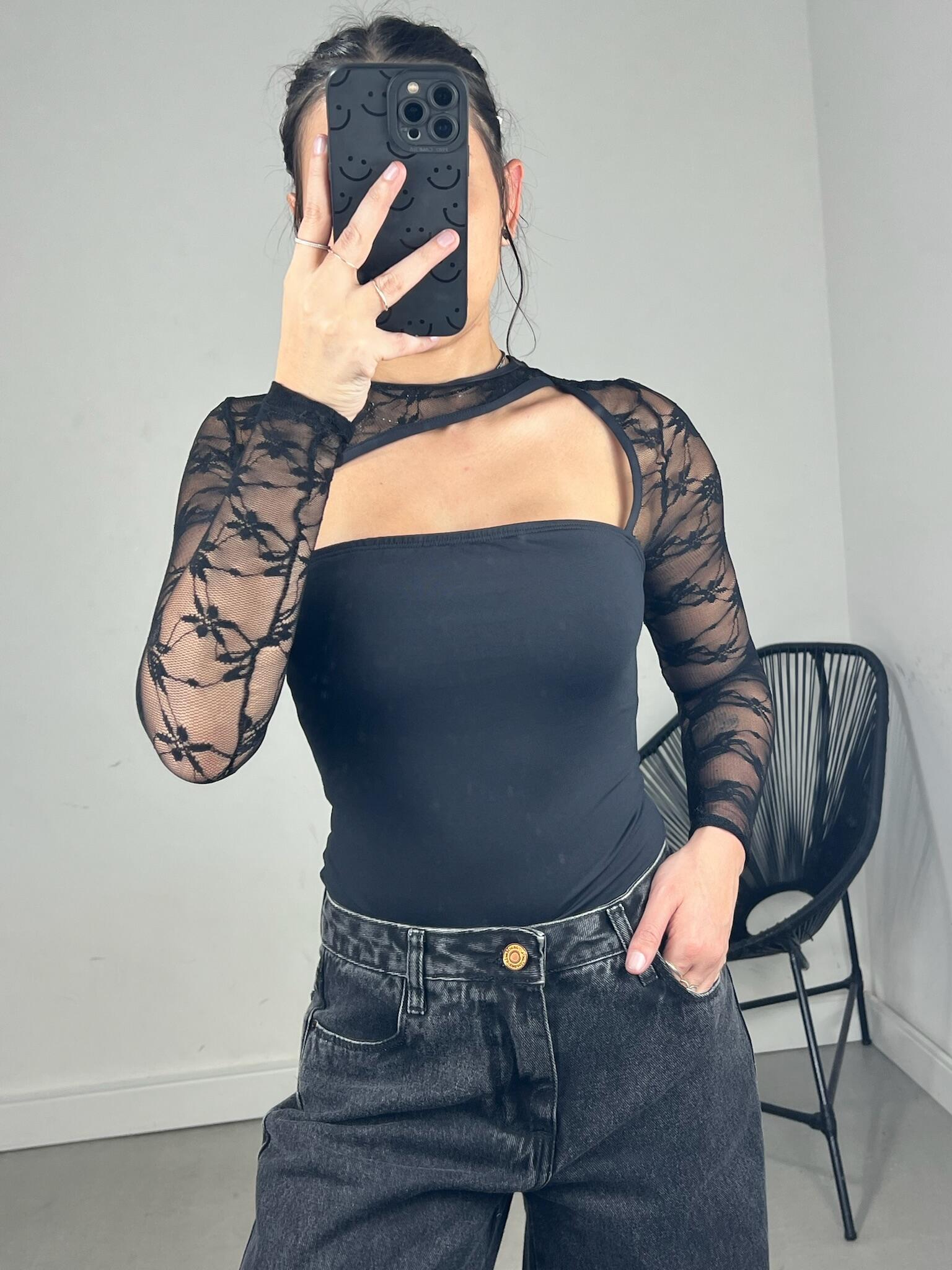 BODY RENDA MANGA LONGA ASSIMETRICO