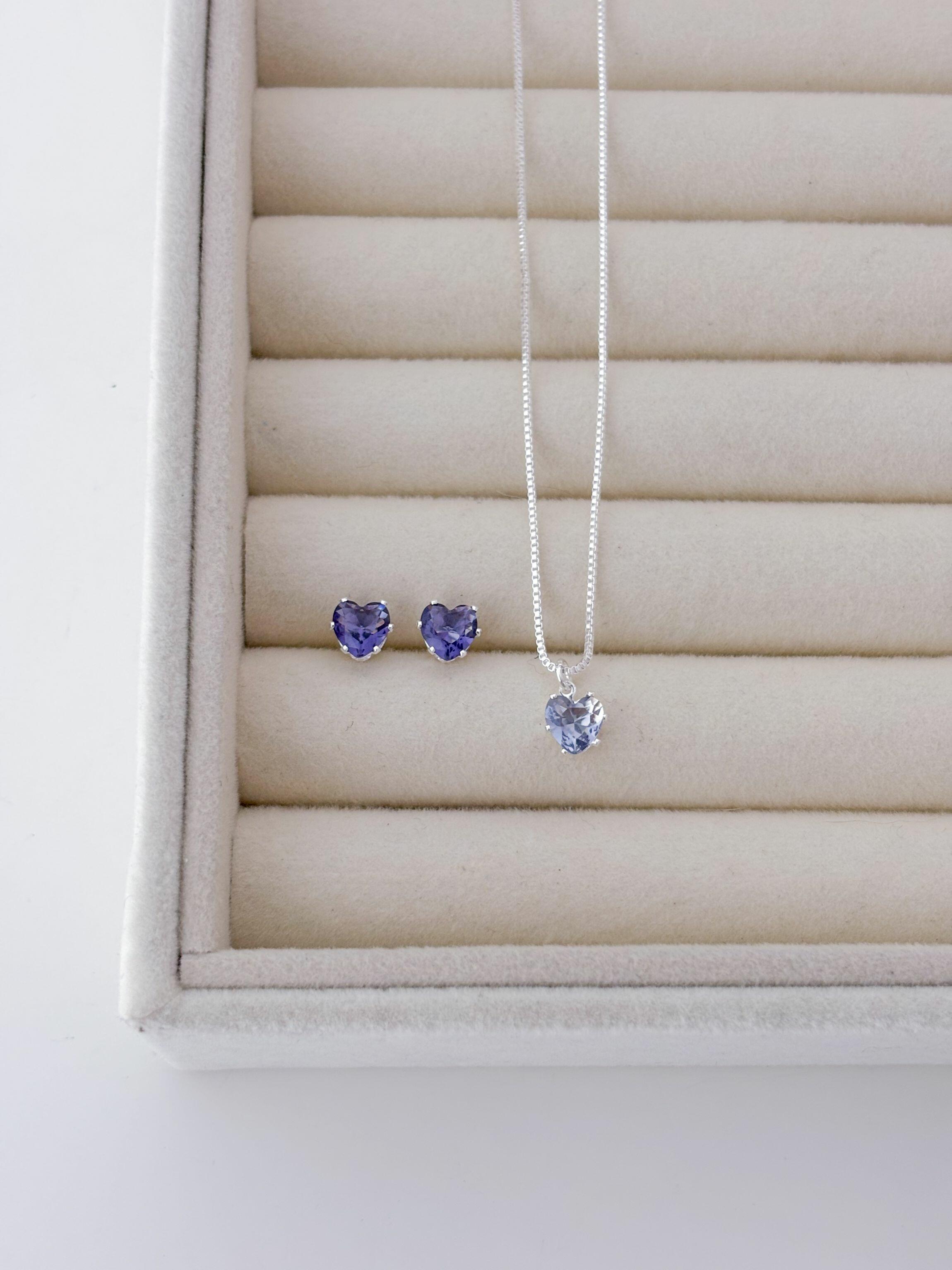 Conjunto coração lilás - Prata cod140