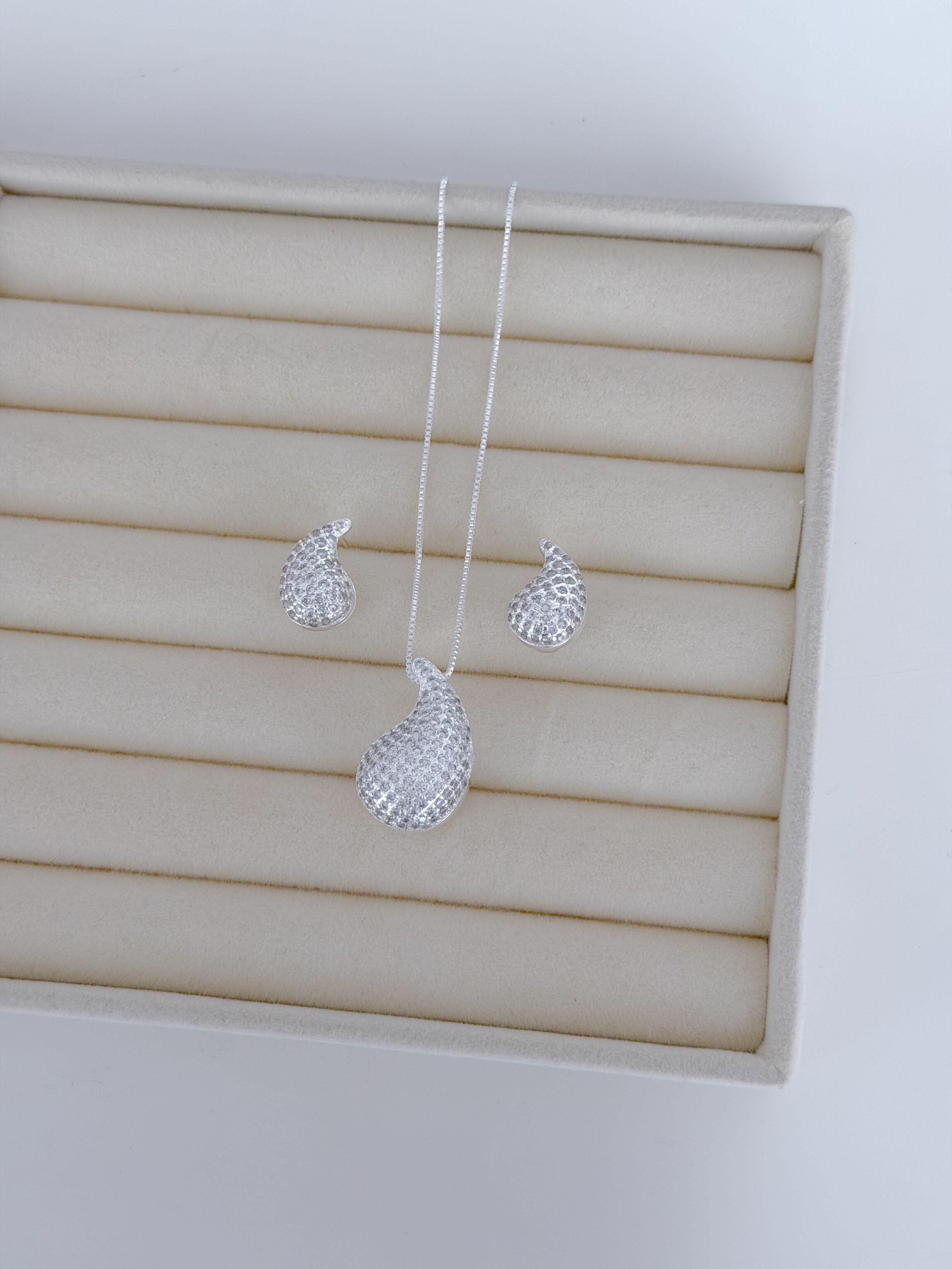 Conjunto gota abaulada cravejada G - Prata cod730